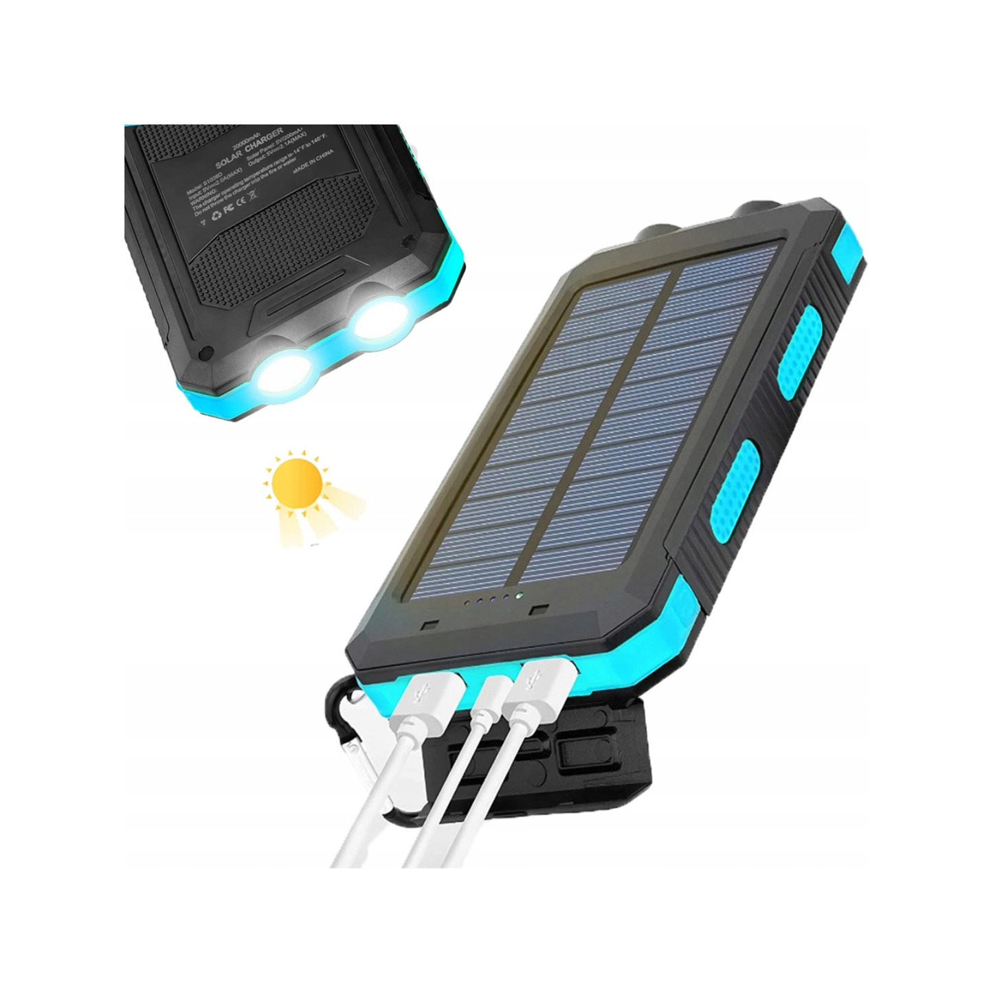 Saulės energijos Powerbank 30000 mAh su žibintuvėliu ir kompasu