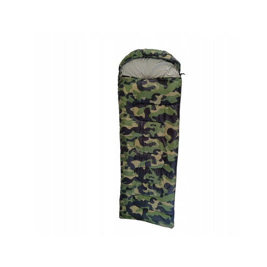 Didelis turistinis miegmaišis su gobtuvu 2in1 – 210 × 75 cm | Camo (moro) dizainas