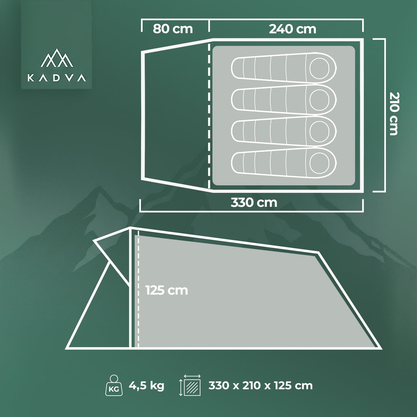 Turistinė palapinė KADVA CAMPdome 4 – 4 asmenims su prieangiu