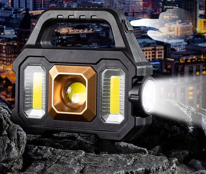 LED stovyklavimo lempa su prožektoriumi ir Power Bank – įkraunama, saulės baterija, 1200 lm