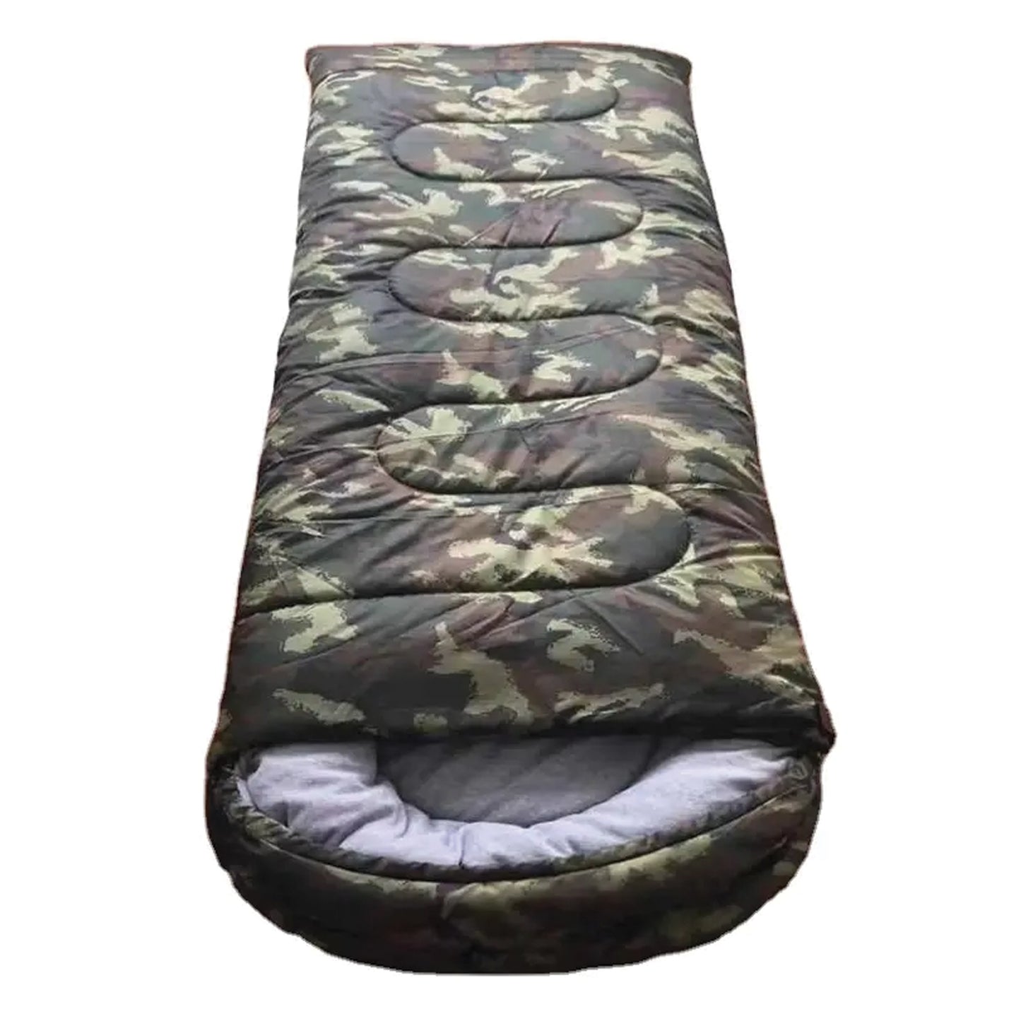 Didelis turistinis miegmaišis su gobtuvu 2in1 – 210 × 75 cm | Camo (moro) dizainas
