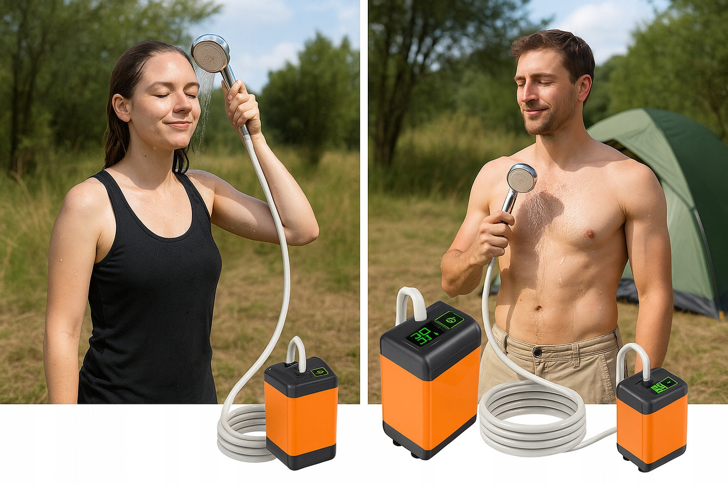Nešiojamas turistinis dušas su elektrine pompa 4800 mAh ir LED temperatūros ekranu