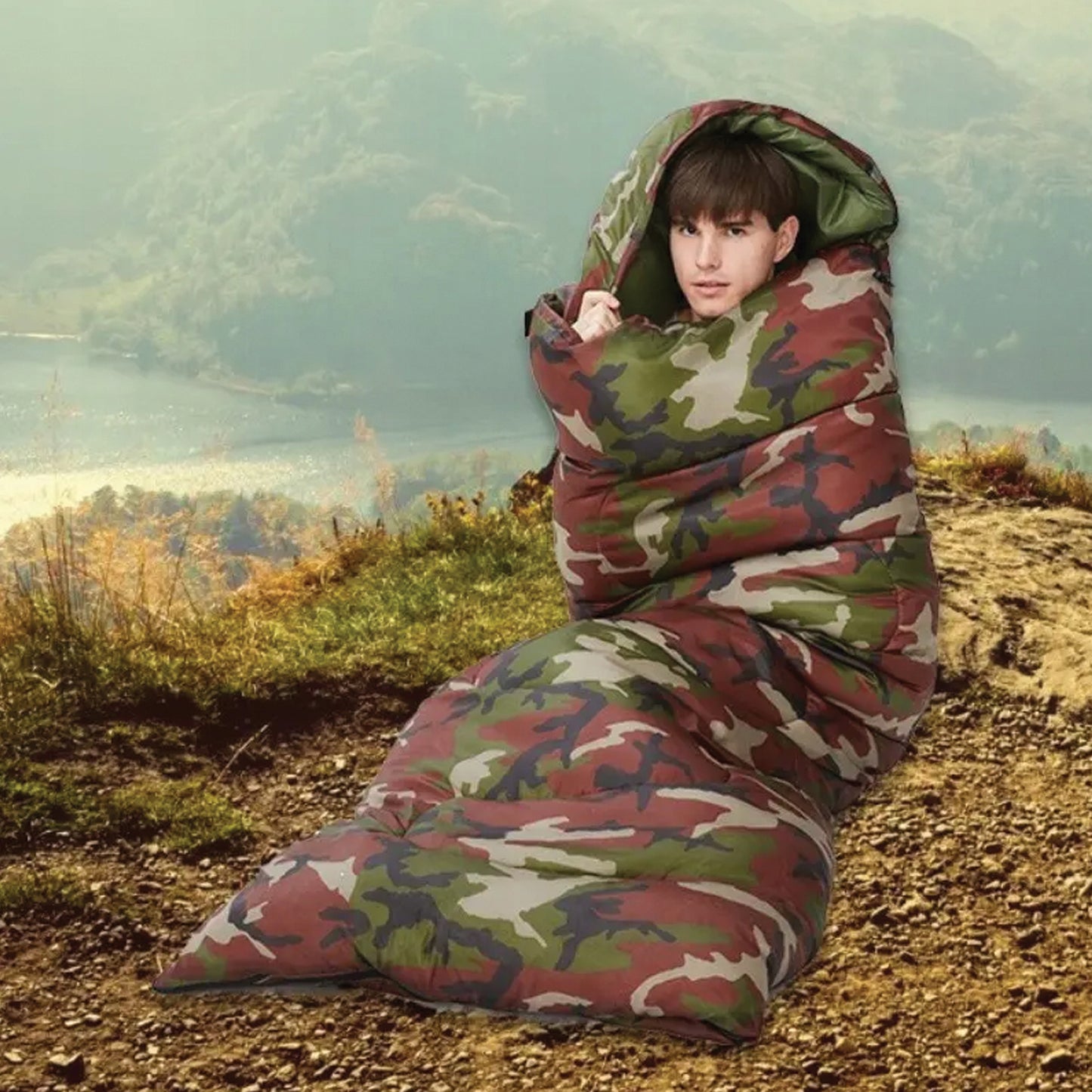 Didelis turistinis miegmaišis su gobtuvu 2in1 – 210 × 75 cm | Camo (moro) dizainas