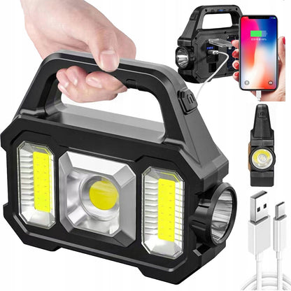 LED stovyklavimo lempa su prožektoriumi ir Power Bank – įkraunama, saulės baterija, 1200 lm
