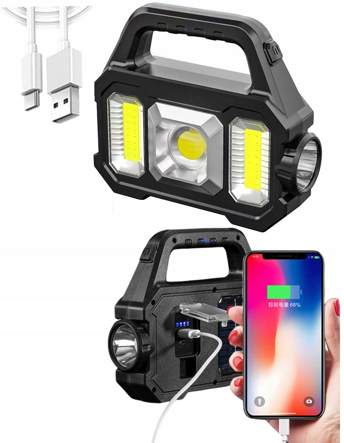 LED stovyklavimo lempa su prožektoriumi ir Power Bank – įkraunama, saulės baterija, 1200 lm