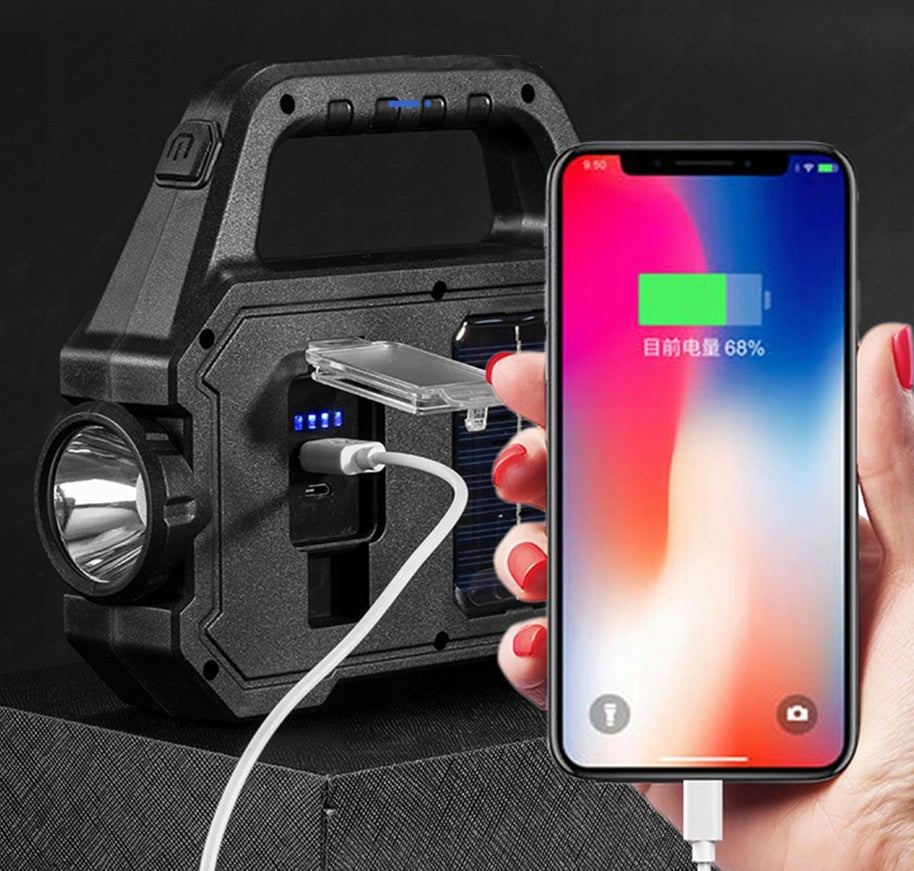 LED stovyklavimo lempa su prožektoriumi ir Power Bank – įkraunama, saulės baterija, 1200 lm