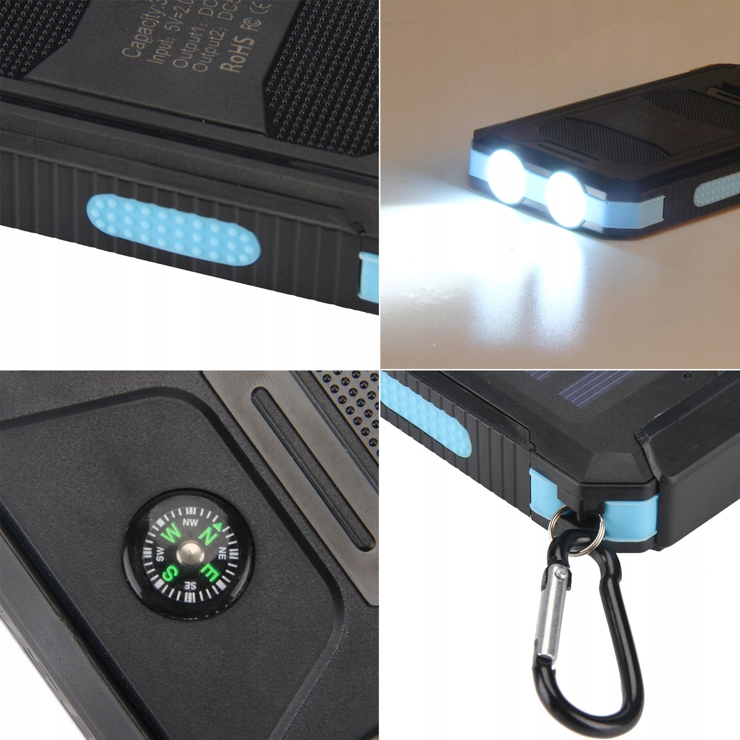 Saulės energijos Powerbank 30000 mAh su žibintuvėliu ir kompasu