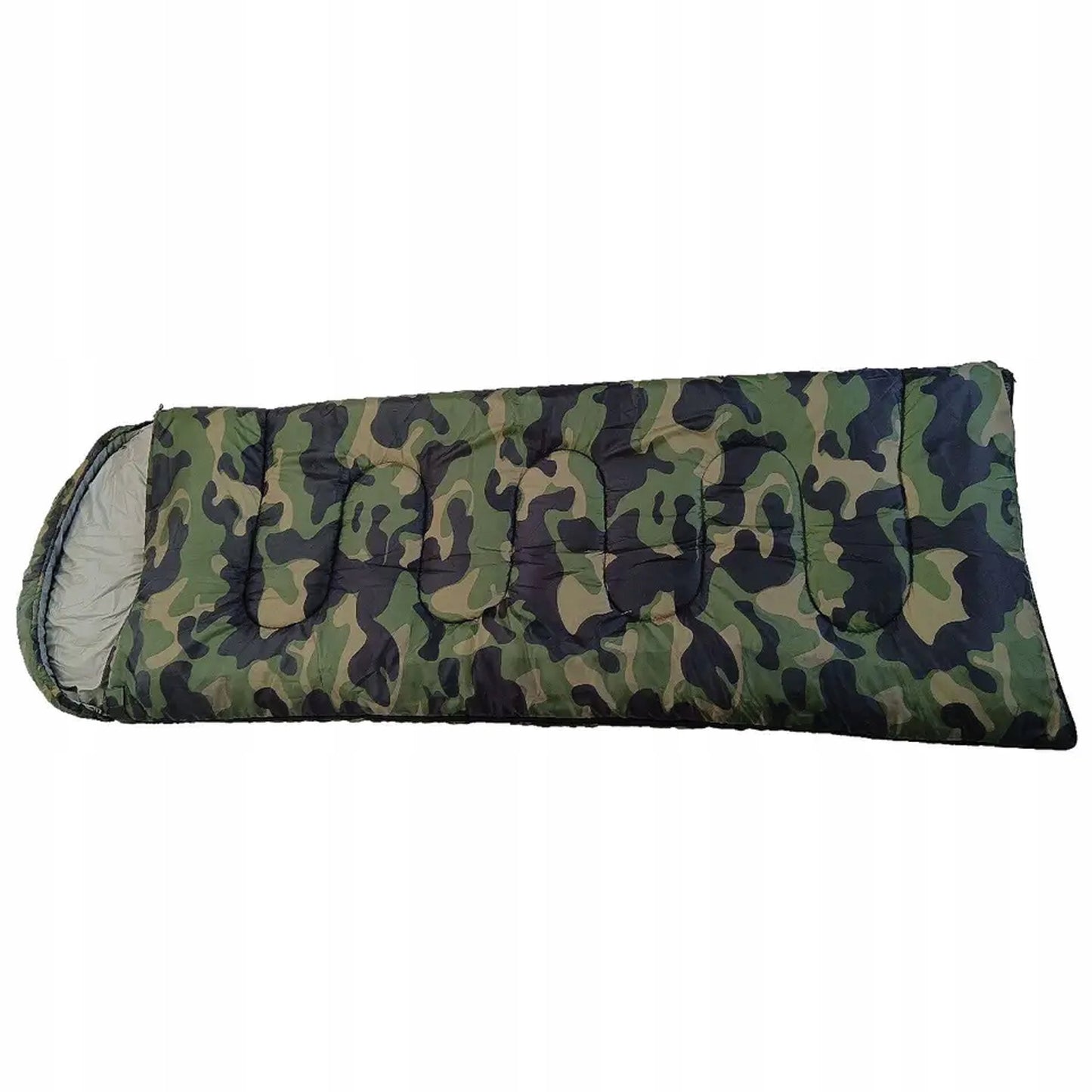 Didelis turistinis miegmaišis su gobtuvu 2in1 – 210 × 75 cm | Camo (moro) dizainas