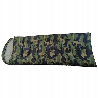 Didelis turistinis miegmaišis su gobtuvu 2in1 – 210 × 75 cm | Camo (moro) dizainas