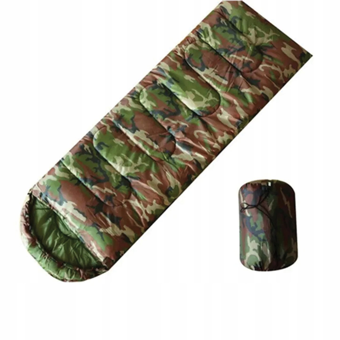 Didelis turistinis miegmaišis su gobtuvu 2in1 – 210 × 75 cm | Camo (moro) dizainas