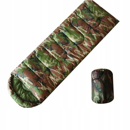 Didelis turistinis miegmaišis su gobtuvu 2in1 – 210 × 75 cm | Camo (moro) dizainas