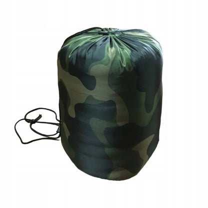 Didelis turistinis miegmaišis su gobtuvu 2in1 – 210 × 75 cm | Camo (moro) dizainas