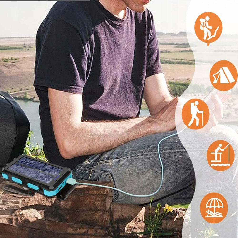 Saulės energijos Powerbank 30000 mAh su žibintuvėliu ir kompasu