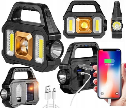 LED stovyklavimo lempa su prožektoriumi ir Power Bank – įkraunama, saulės baterija, 1200 lm